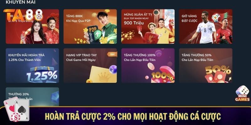 Hoàn trả cược 2% cho mọi hoạt động cá cược