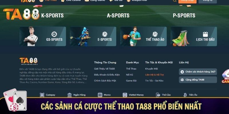 Các sảnh cá cược thể thao TA88 phổ biến nhất